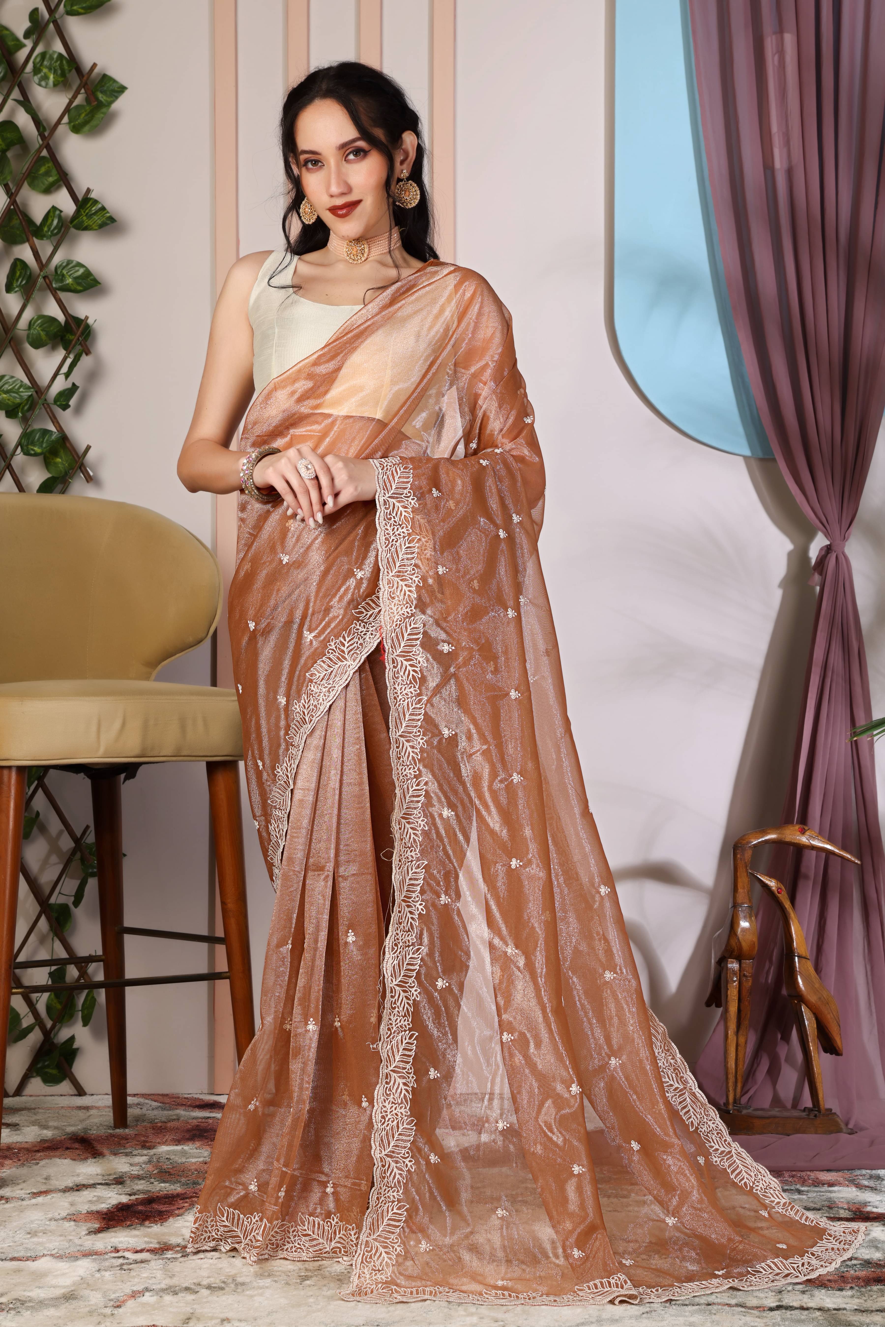     			FOLENNE Net Embroidered Regular Saree With Unstitched Blouse Piece ( Brown )