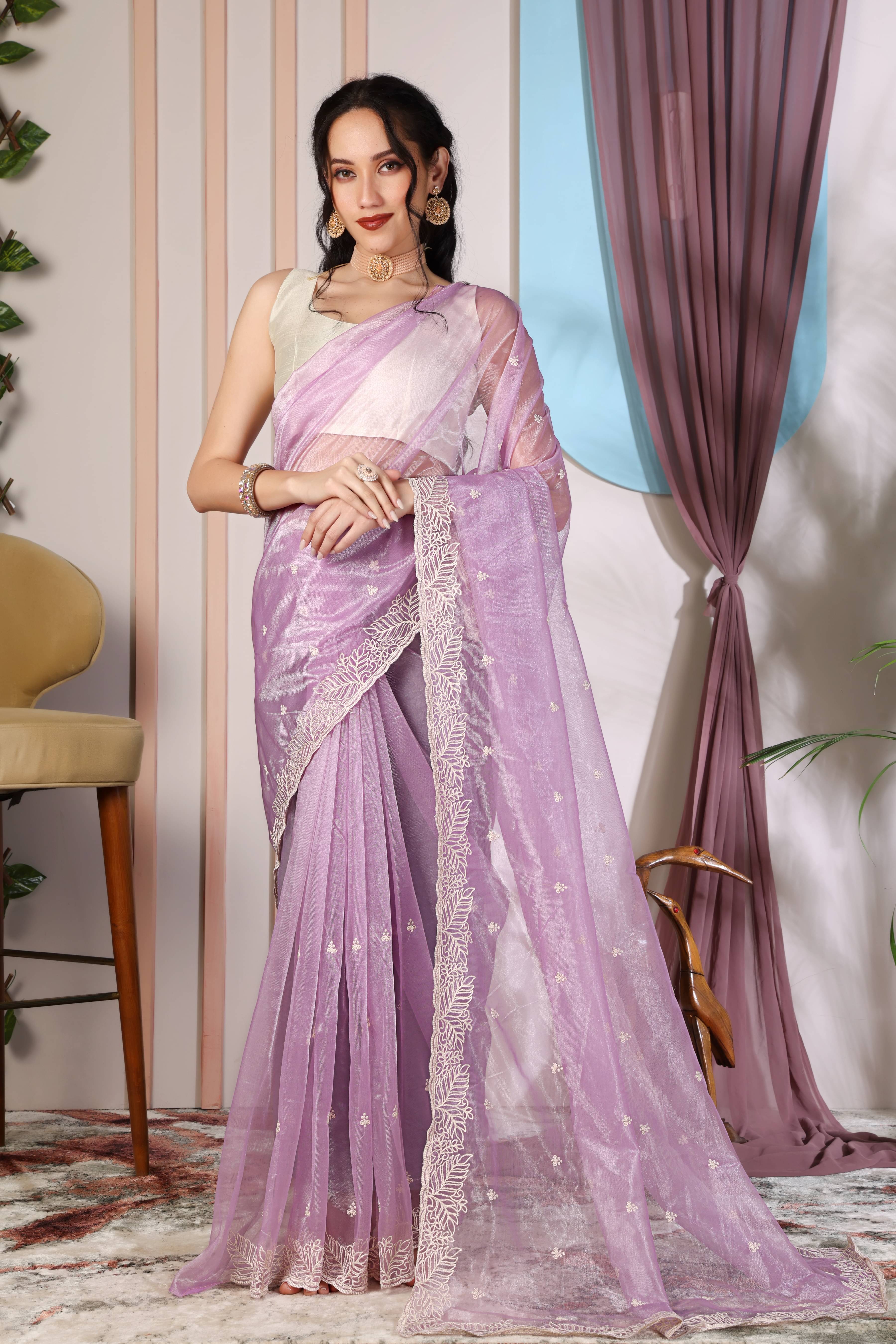     			FOLENNE Net Embroidered Regular Saree With Unstitched Blouse Piece ( Purple )