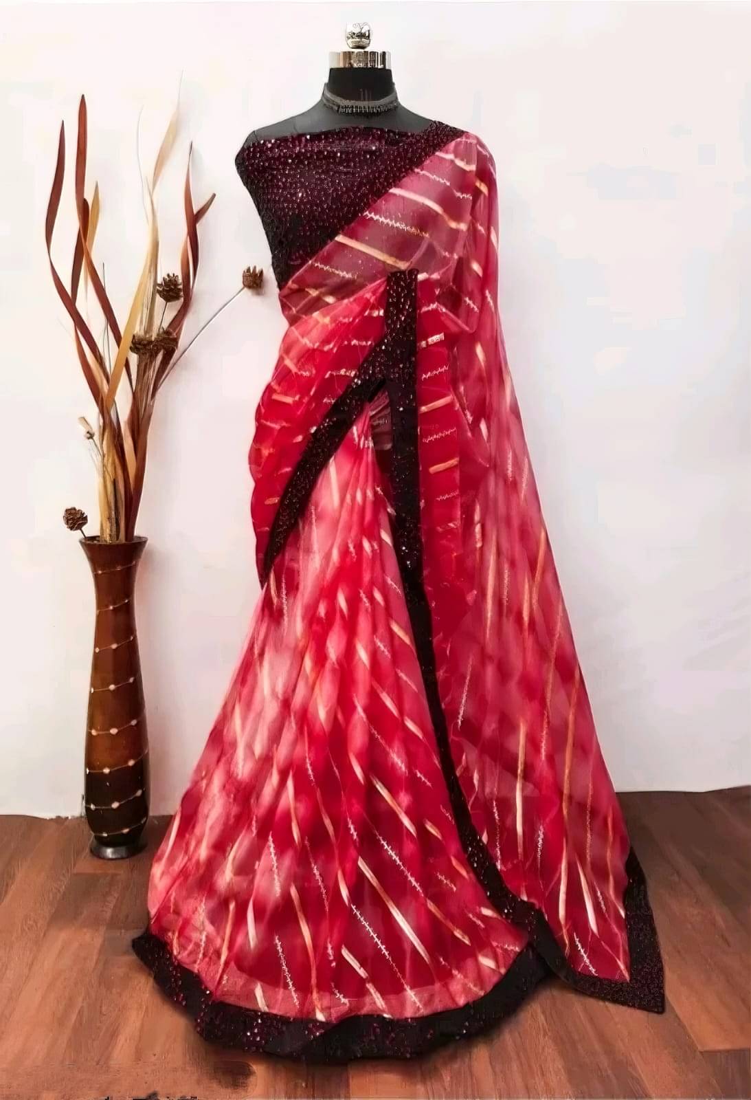     			Faz Collection Organza Printed Bandhani Sarees With Unstitched Blouse Piece ( Rani )
