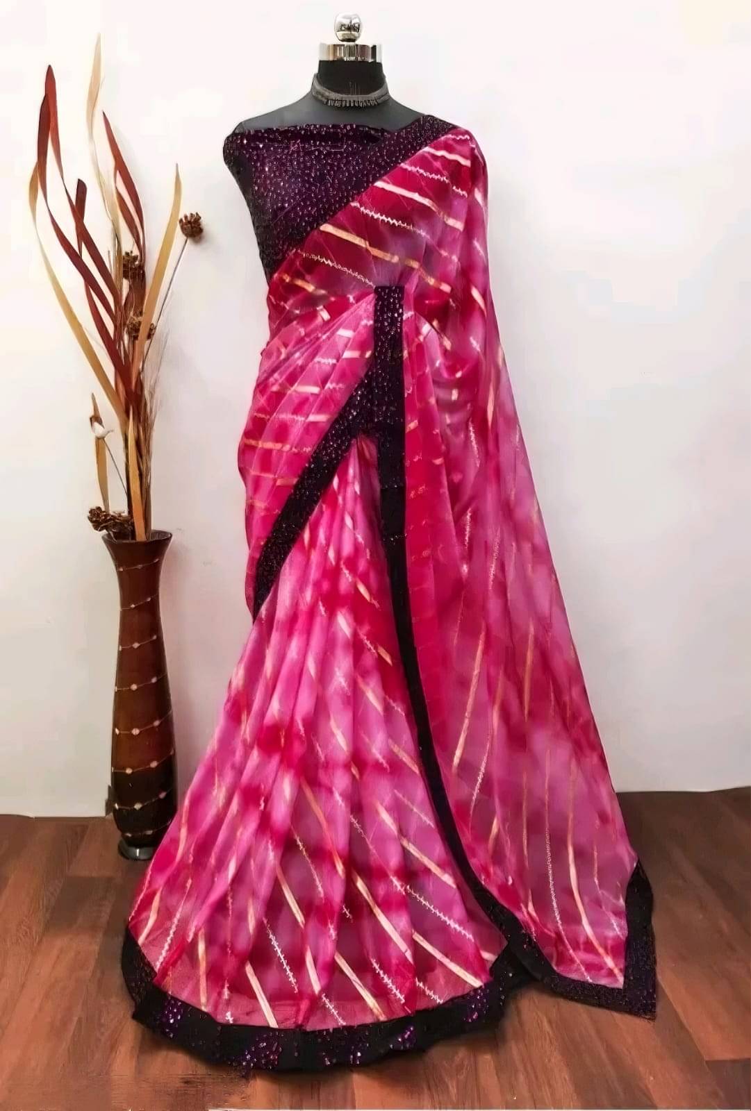     			Faz Collection Organza Printed Bandhani Sarees With Unstitched Blouse Piece ( Wine )