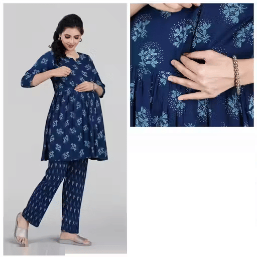 GENERIC SAURABH ENTERPRISES Rayon Printed Women Maternity Kurti with Pyjama ( Blue ) GENERIC SAURABH ENTERPRISES Rayon Printed Women Maternity Kurti with Pyjama ( Blue )