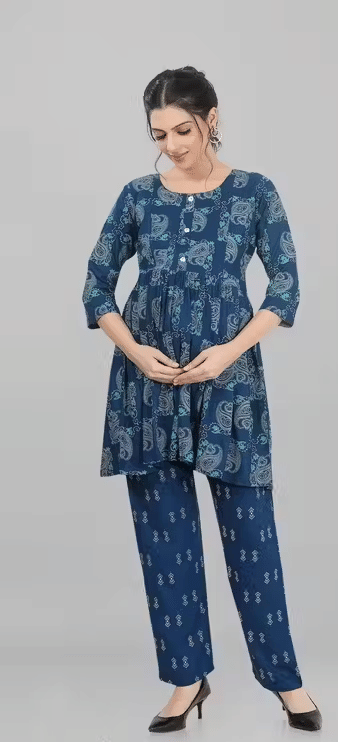     			GENERIC SAURABH ENTERPRISES Rayon Printed Women Maternity Kurti with Pyjama ( Blue )