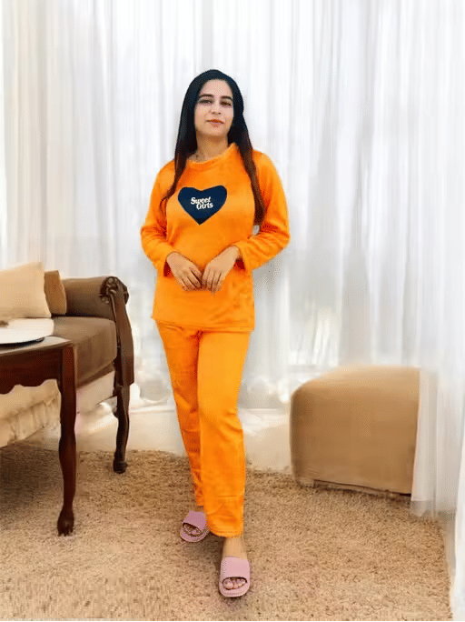     			Generic Singh and Soni Group Woollen Printed Women T-shirt with Pyjama ( Orange )