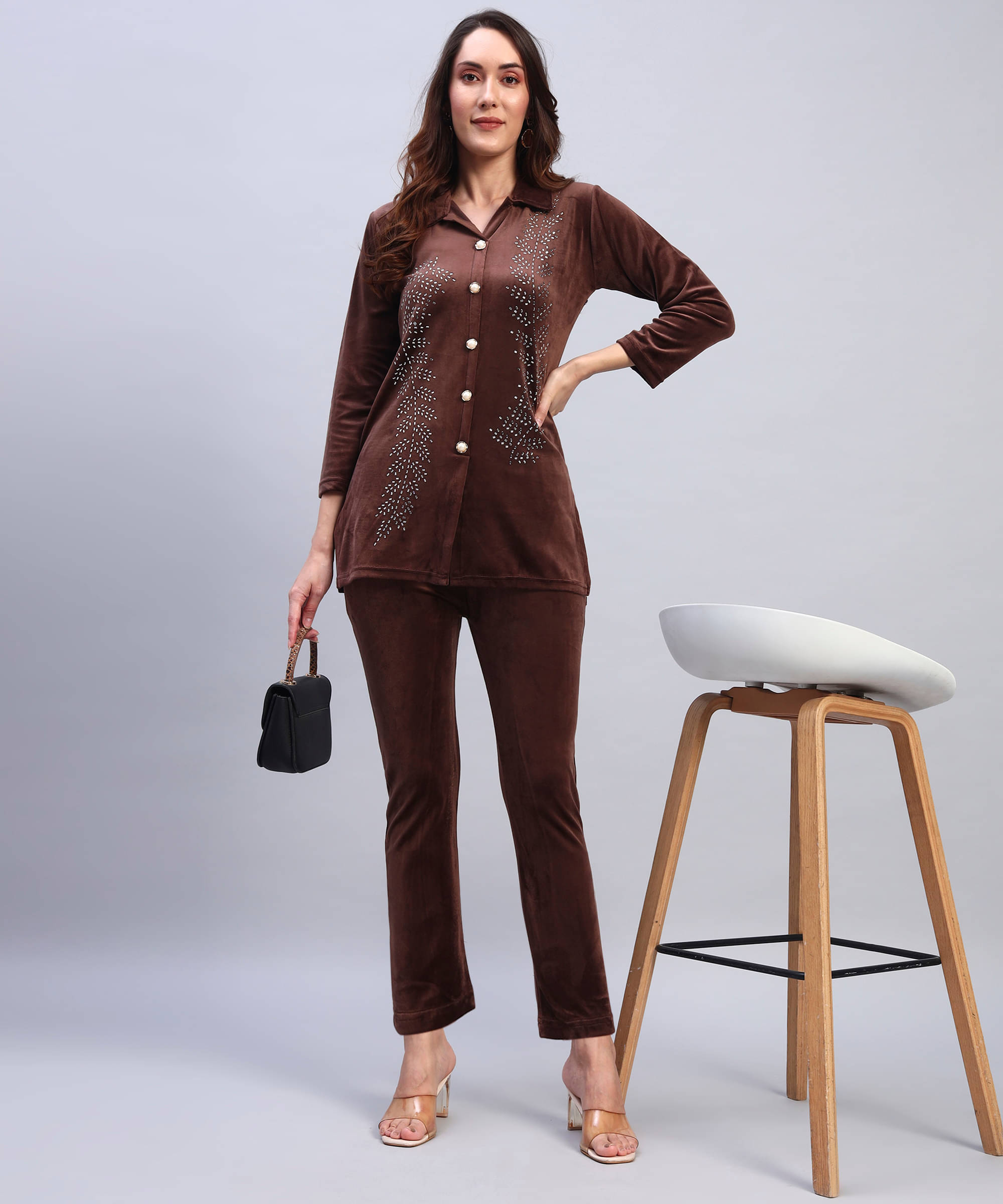    			HEMLOCK Women Solid Shirt With Trousers Co-Ord Set ( Brown )