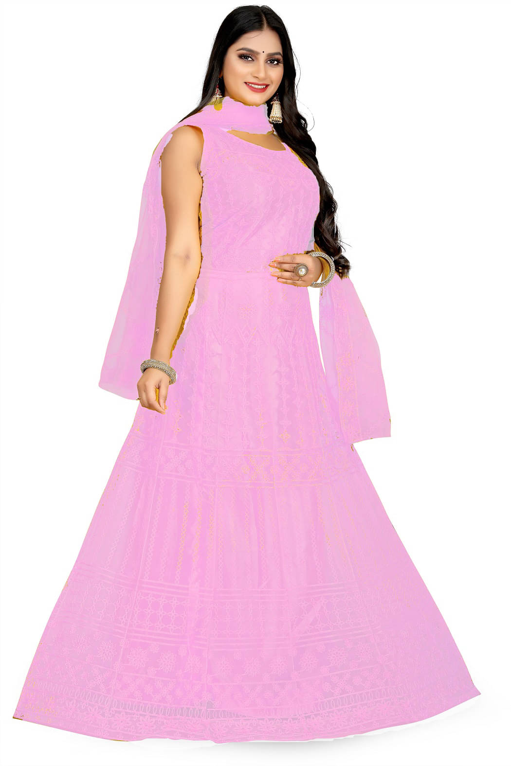HKBD FAB Women Net Straight Semi Stitched Ethnic Gown With Dupatta ( Pink )     			HKBD FAB Women Net Straight Semi Stitched Ethnic Gown With Dupatta ( Pink )