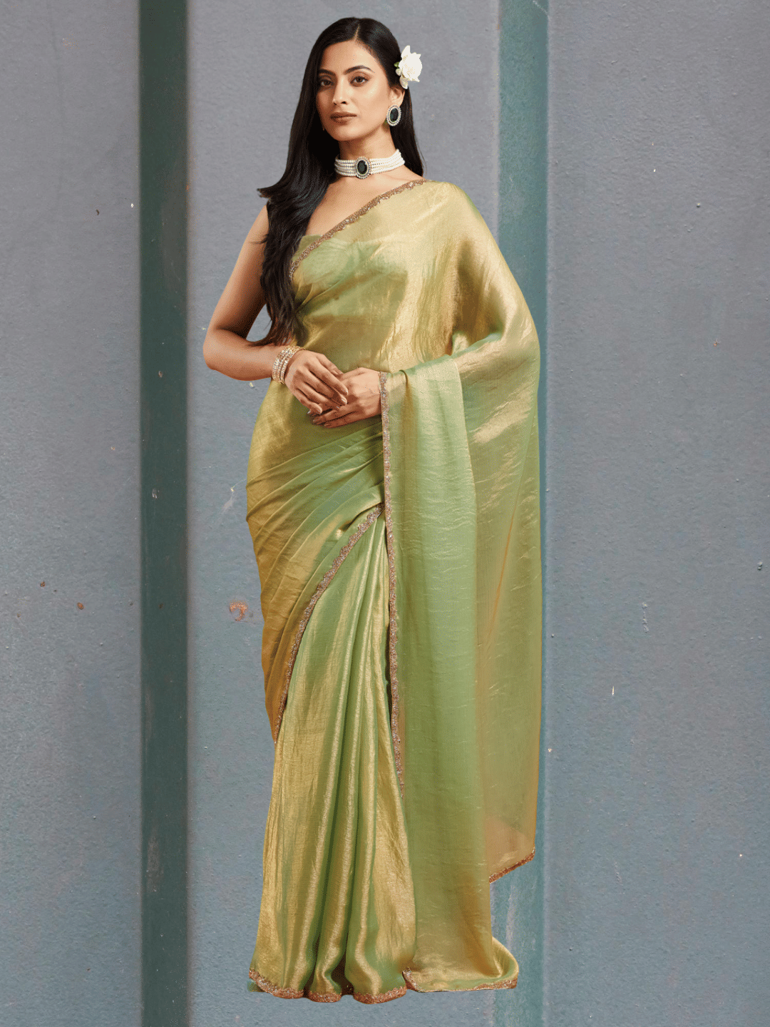 Indy Bliss Chiffon Solid Chanderi saree With Unstitched Blouse Piece ( Green )     			Indy Bliss Chiffon Solid Chanderi saree With Unstitched Blouse Piece ( Green )