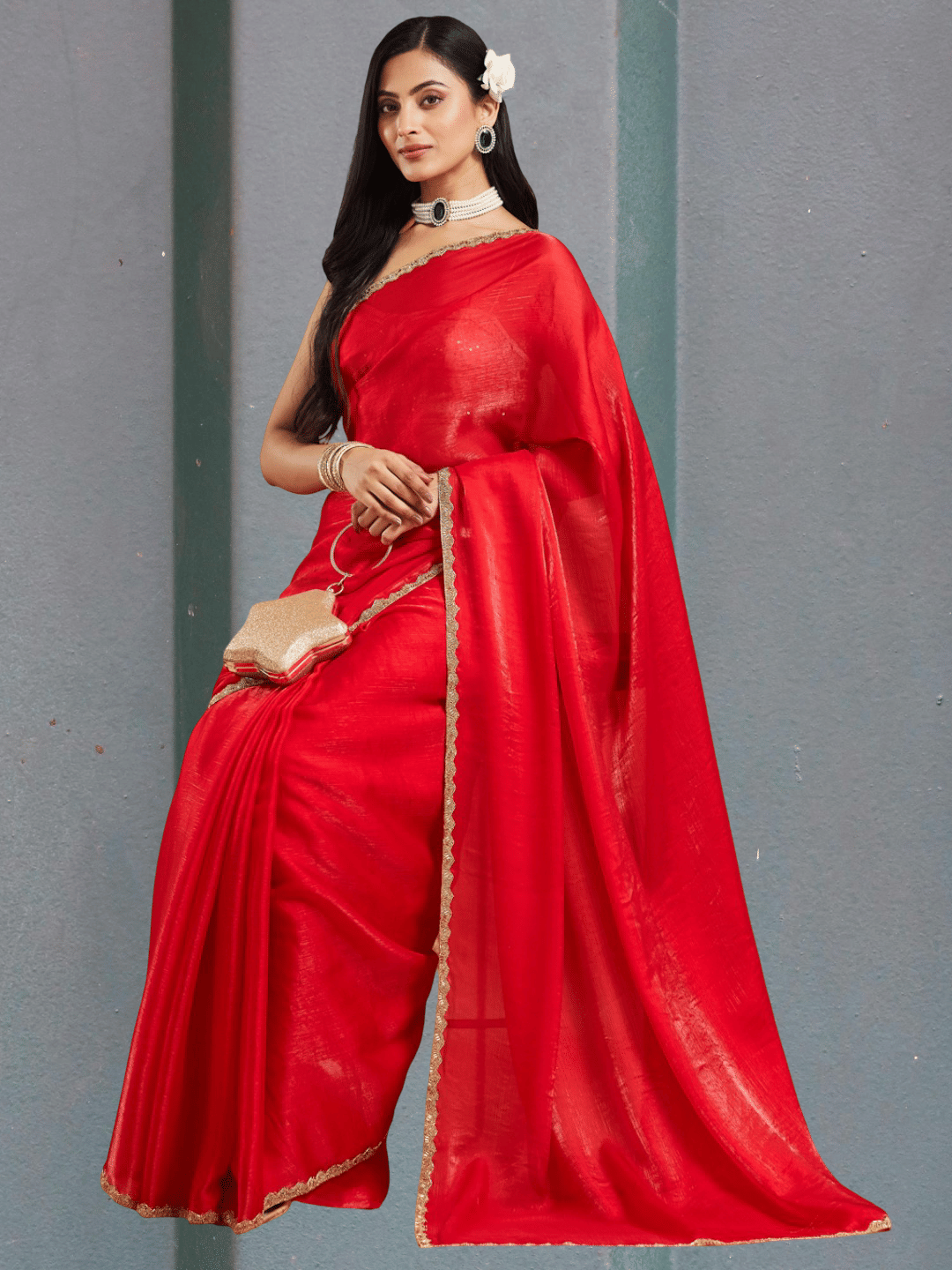     			Indy Bliss Chiffon Solid Chanderi saree With Unstitched Blouse Piece ( Red )