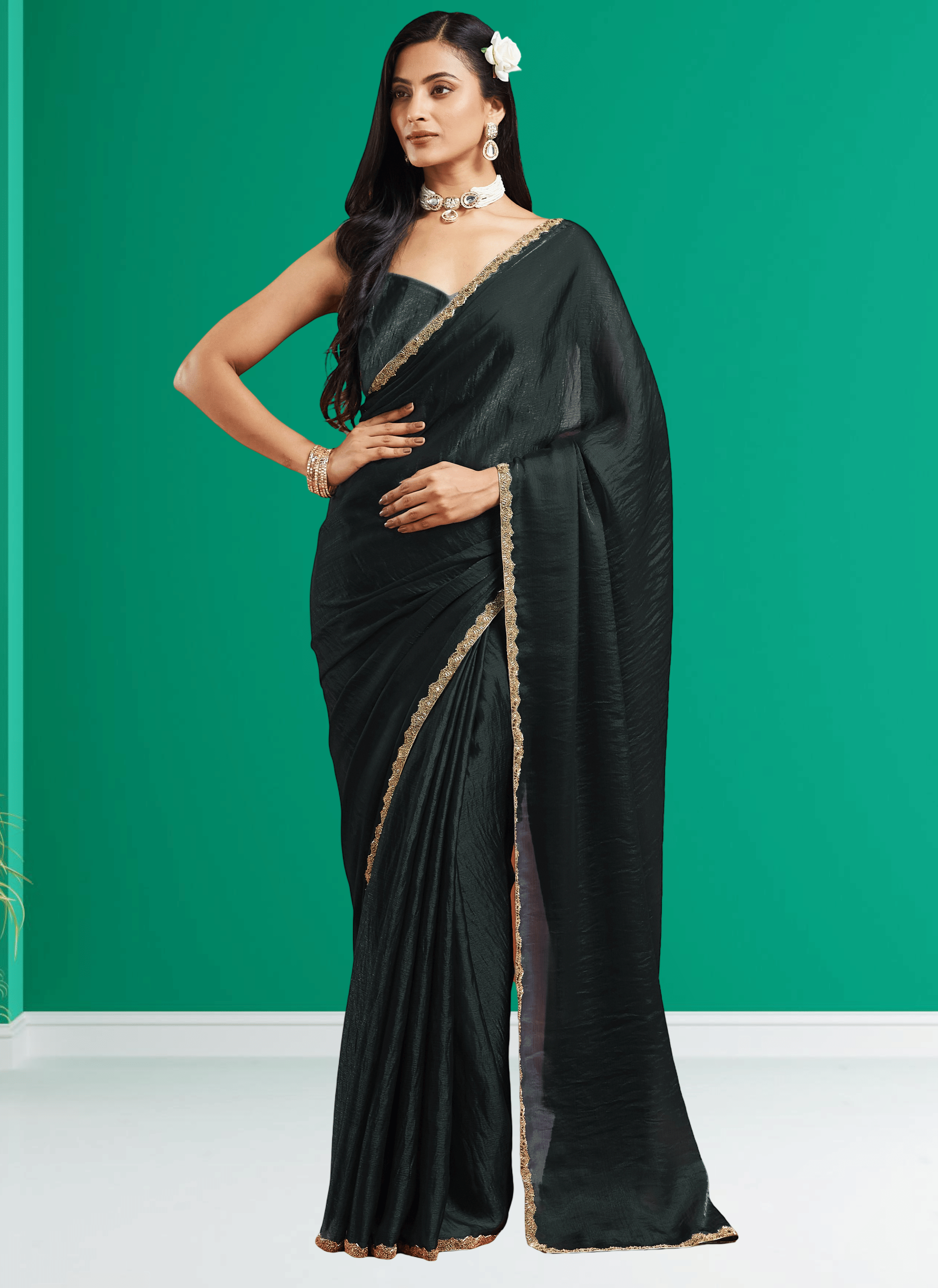    			Indy Bliss Jute Solid Chanderi saree With Unstitched Blouse Piece ( Black )