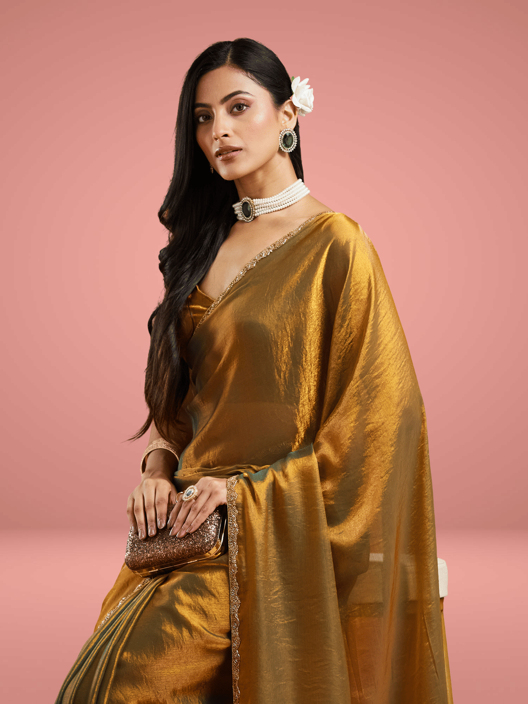     			Indy Bliss Organza Solid Chanderi saree With Unstitched Blouse Piece ( Gold )
