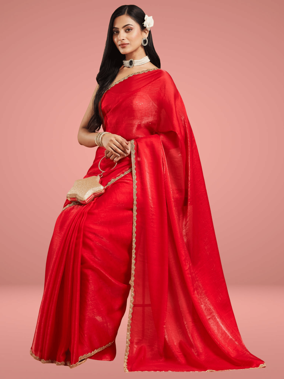     			Indy Bliss Organza Solid Chanderi saree With Unstitched Blouse Piece ( Red )