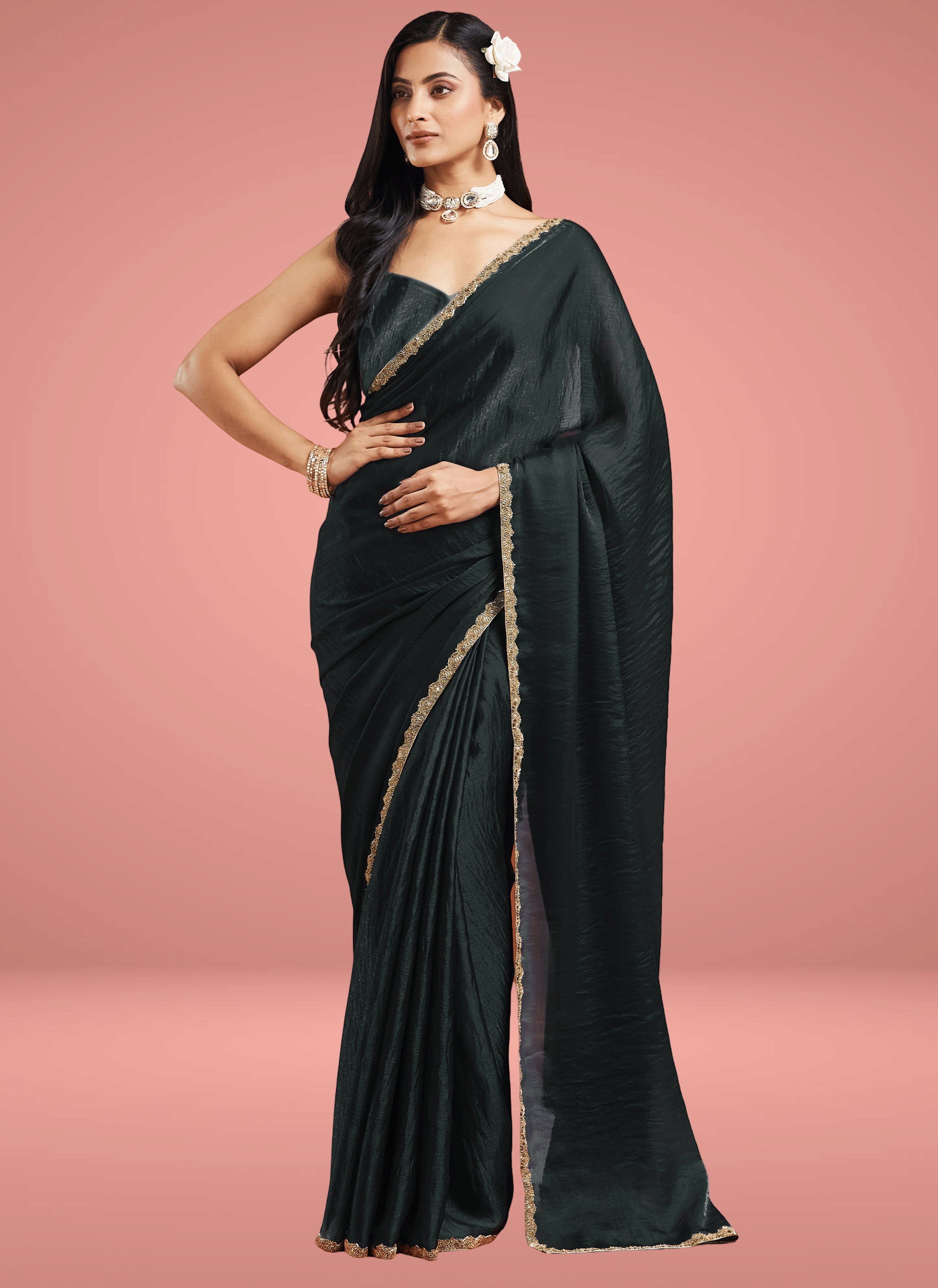     			Indy Bliss Organza Solid Chanderi saree With Unstitched Blouse Piece ( Black )