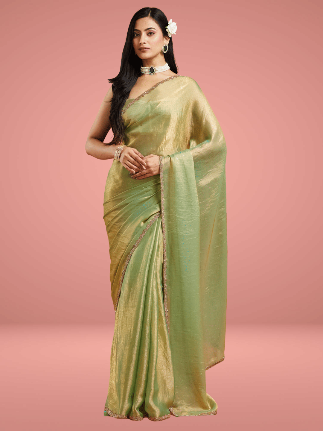     			Indy Bliss Organza Solid Chanderi saree With Unstitched Blouse Piece ( Green )