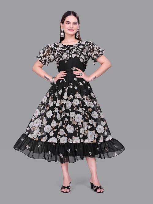     			JULEE Women Georgette Printed Fit & Flare Dress ( Black )