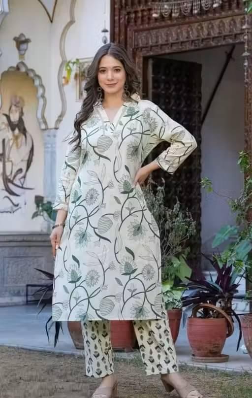     			Jivandhara Women Cotton Blend Printed A-line Kurti With Pants ( Green )
