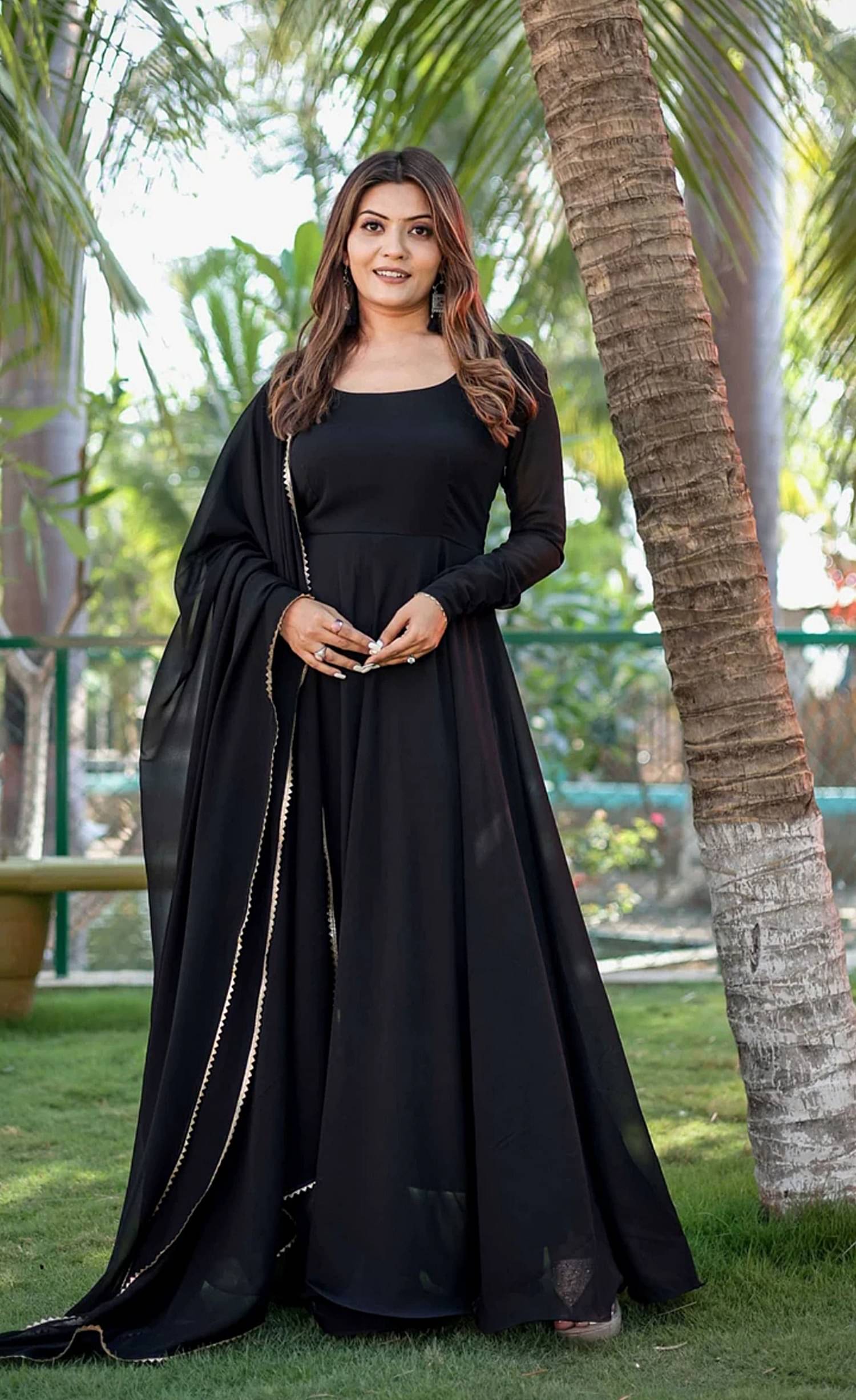 KV Fashion Women Georgette Flared Stitched Ethnic Gown With Dupatta ( Black )     			KV Fashion Women Georgette Flared Stitched Ethnic Gown With Dupatta ( Black )