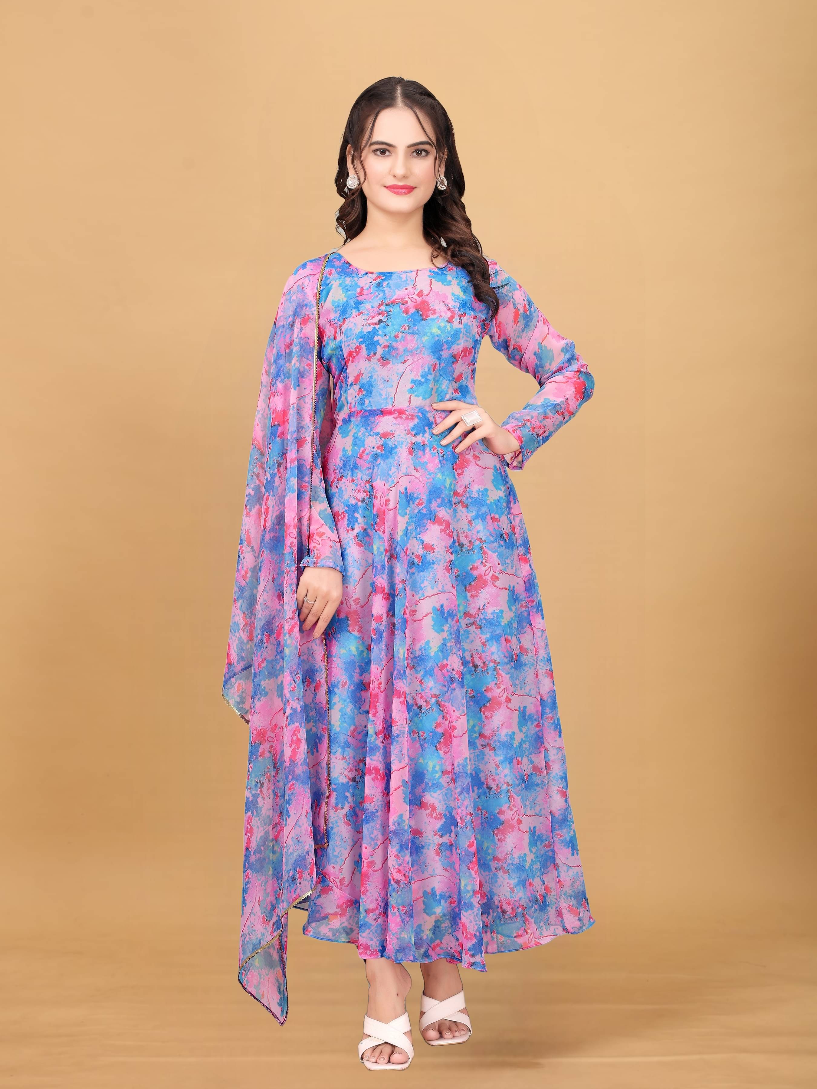     			KV Fashion Women Georgette Flared Stitched Ethnic Gown With Dupatta ( Multicolor )