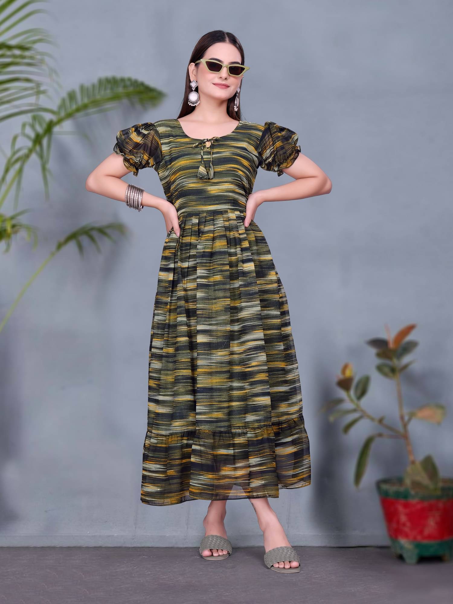     			KV Fashion Women Georgette Printed Fit & Flare Dress ( Green )