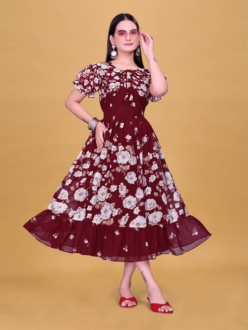     			KV Fashion Women Georgette Printed Fit & Flare Dress ( Maroon )