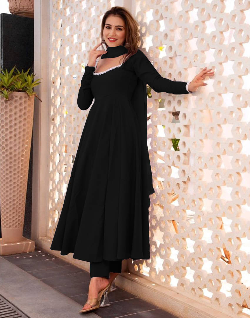     			Lady Shopi Women Georgette Flared Stitched Ethnic Gown With Dupatta ( Black )