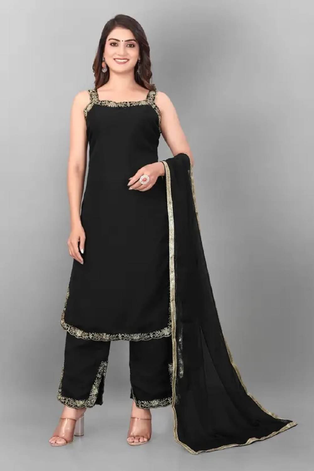     			Limbudi creation Women Georgette Embroidered A-line Kurti With Palazzo ( Black )