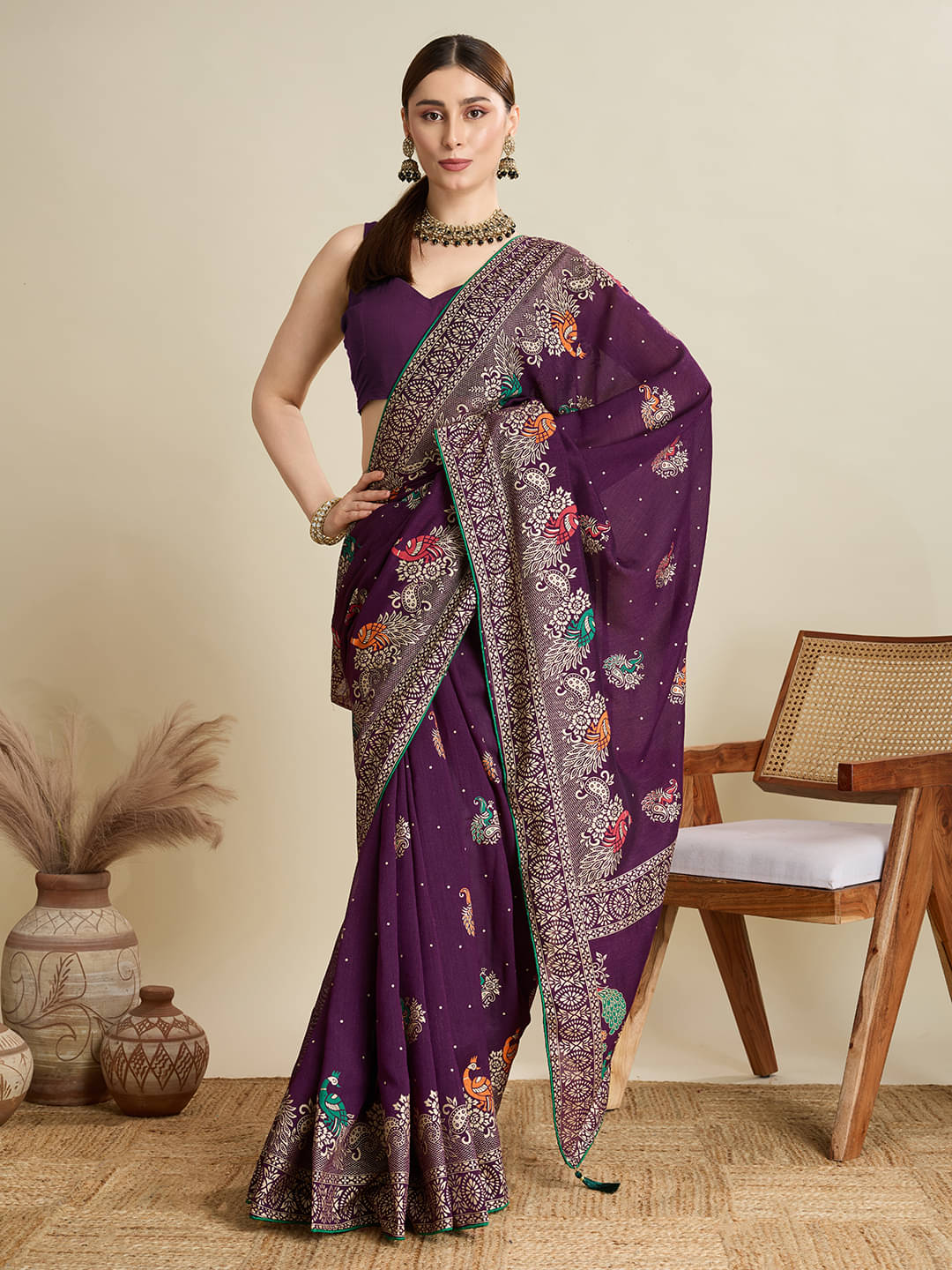     			PANZORA Cotton Woven Regular Saree Without Blouse Piece ( Purple )