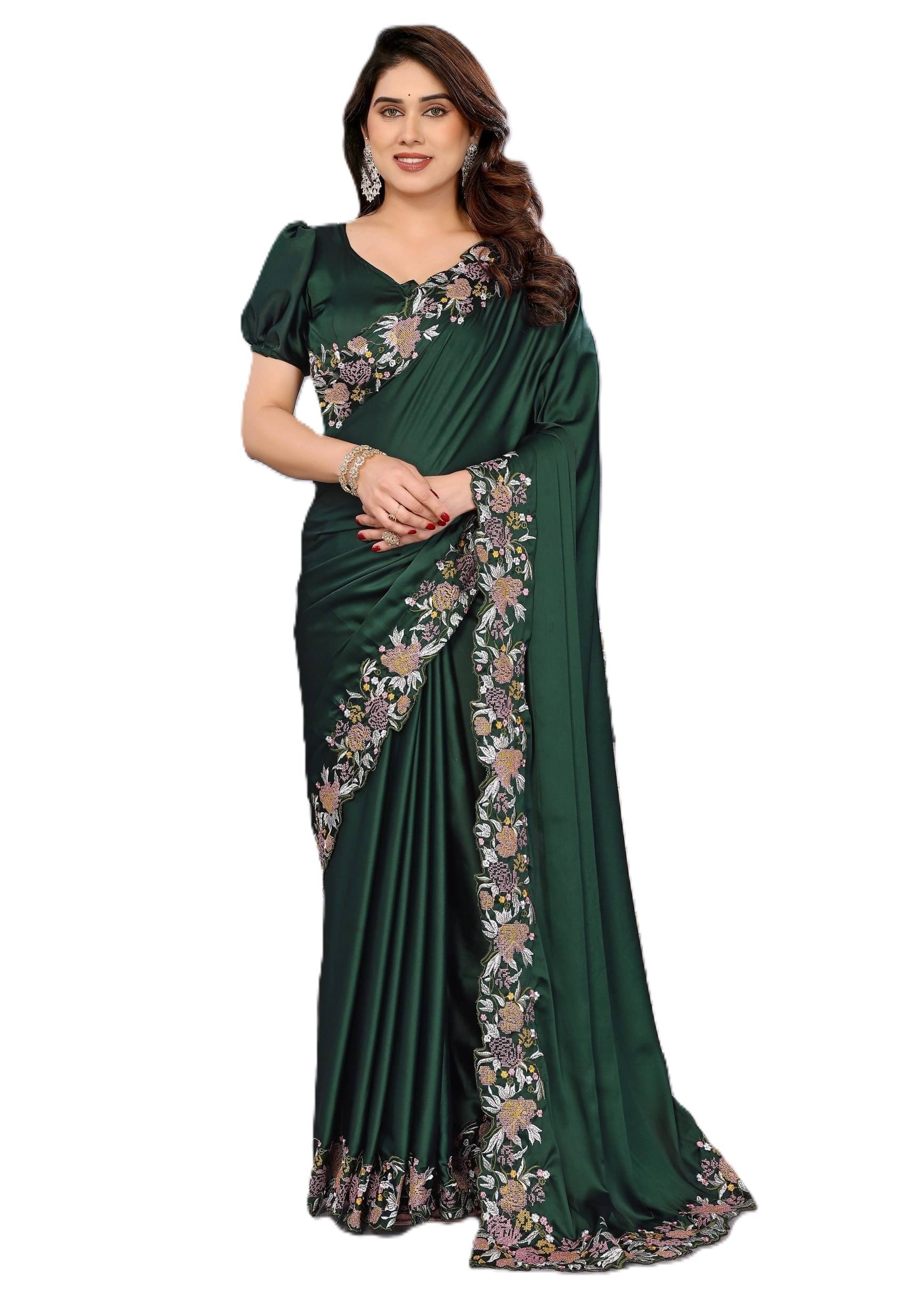 Panbai sarees Satin Solid Regular Saree Without Blouse Piece ( Green )     			Panbai sarees Satin Solid Regular Saree Without Blouse Piece ( Green )