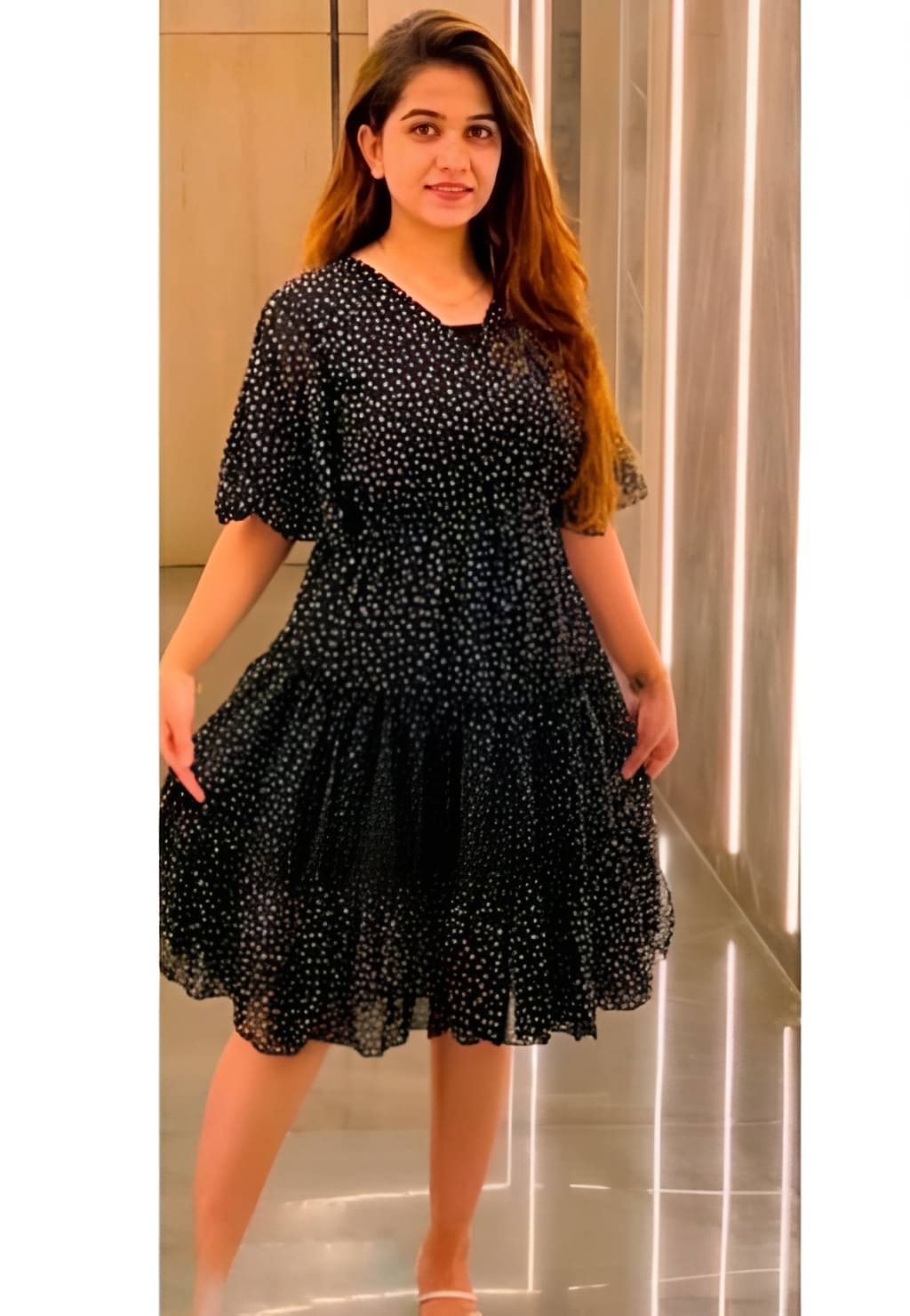     			RANGNAARI Women Georgette Printed Fit & Flare Dress ( Black )