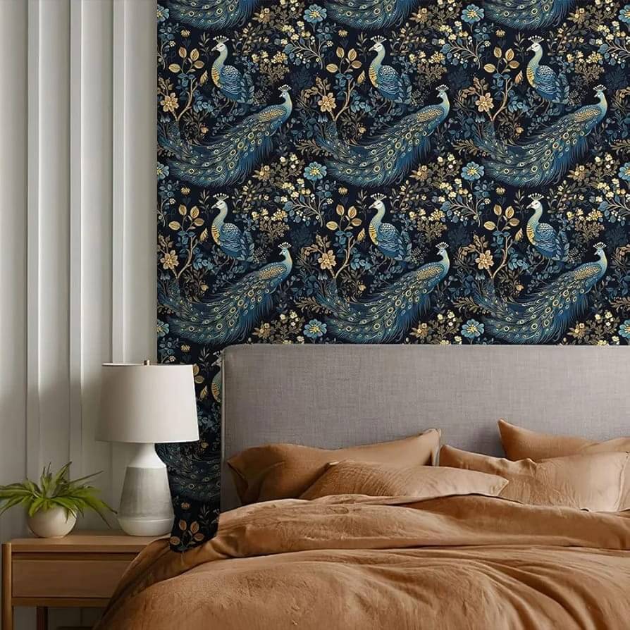     			REDAMANCY Gold/Yellow/Blue Peacock Animal Plants Dark Black Peel and Stick Wallpaper Stick on Contact Paper Vintage Wall Paper Easy Peel Off for nightstand Drawer Cabinet Renter(45 x 500 cm)