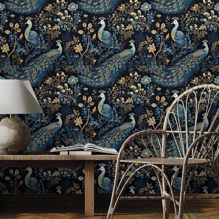     			REDAMANCY Gold/Yellow/Blue Peacock Animal Plants Dark Black Peel and Stick Wallpaper Stick on Contact Paper Vintage Wall Paper Easy Peel Off for nightstand Drawer Cabinet Renter(45 x 500 cm)