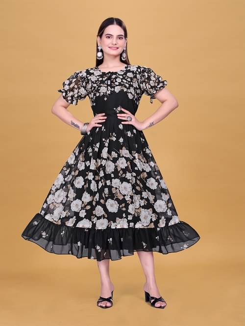     			SATVASHIV Women Georgette Printed Fit & Flare Dress ( Black )