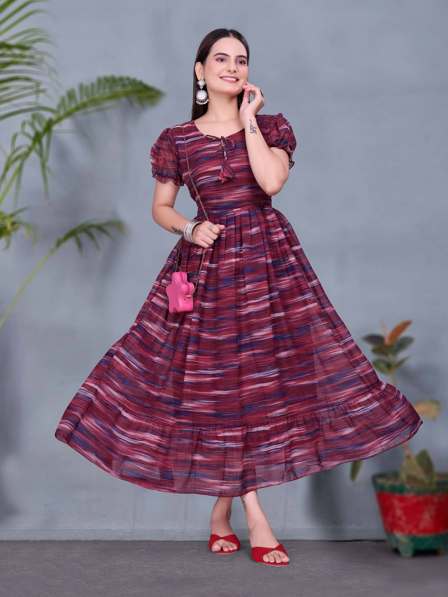 SATVASHIV Women Georgette Printed Fit & Flare Dress ( Maroon )     			SATVASHIV Women Georgette Printed Fit & Flare Dress ( Maroon )