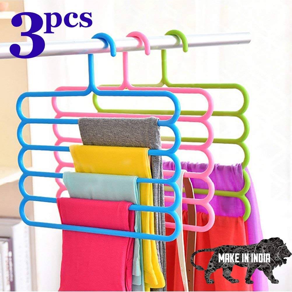 THRIFTKART - Plastic 5 Layer Pants Clothes Hanger Wardrobe Storage Organizer Rack (Set of 3), 33L X 1B X 32H Cm (Assorted Colour) THRIFTKART - Plastic 5 Layer Pants Clothes Hanger Wardrobe Storage Organizer Rack (Set of 3), 33L X 1B X 32H Cm (Assorted Colour)