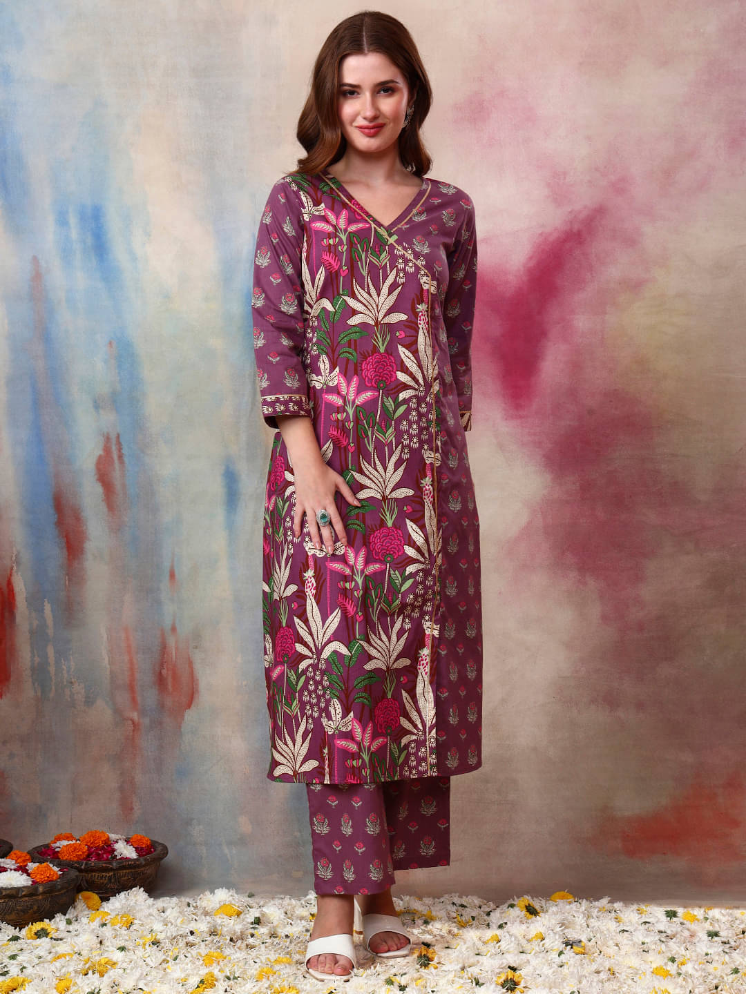     			Tissu Women Cotton Printed Straight Kurti With Pants ( Purple )