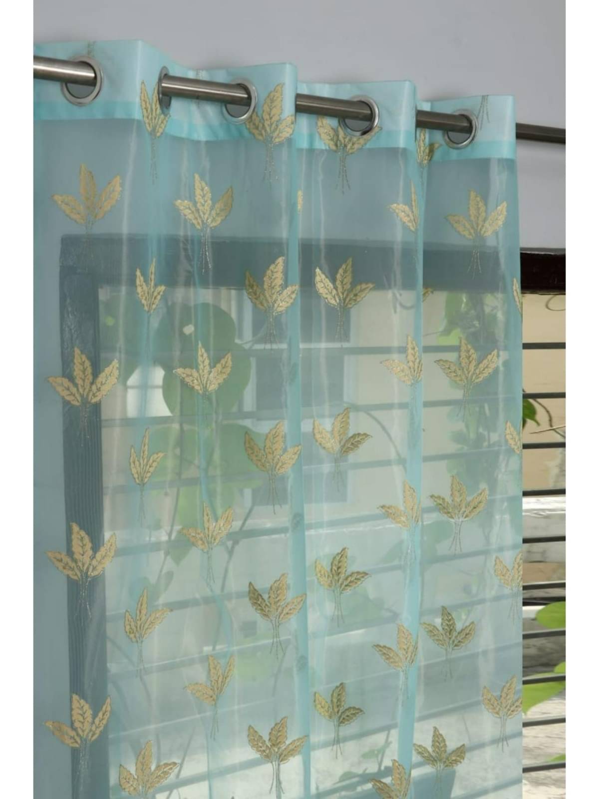 UrbanArts Floral Semi-Transparent Eyelet Curtain 5 ft ( Pack of 1 ) - Light Blue UrbanArts Floral Semi-Transparent Eyelet Curtain 5 ft ( Pack of 1 ) - Light Blue