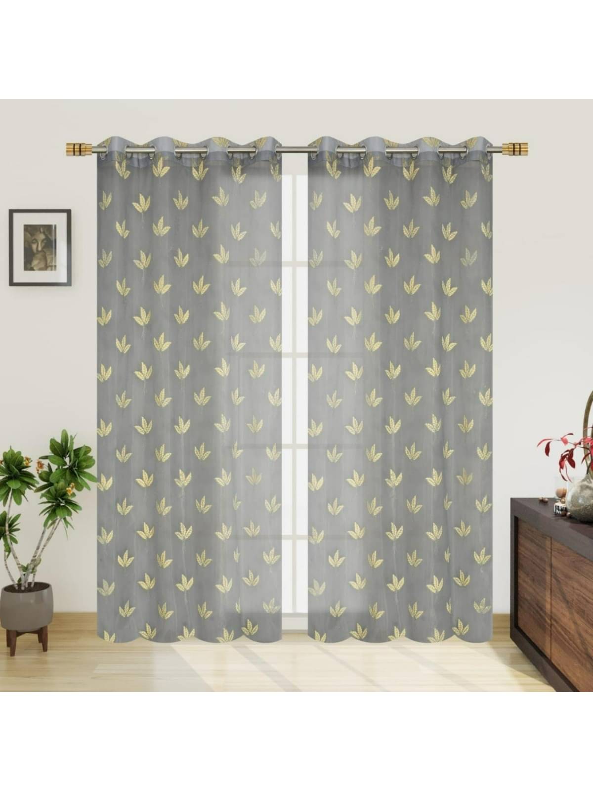     			UrbanArts Floral Semi-Transparent Eyelet Curtain 9 ft ( Pack of 2 ) - Grey