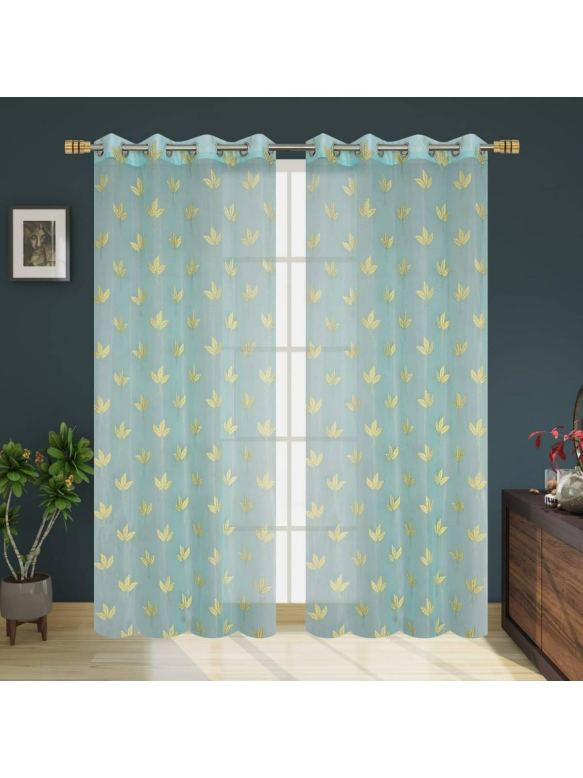     			UrbanArts Floral Semi-Transparent Eyelet Curtain 5 ft ( Pack of 2 ) - Light Blue
