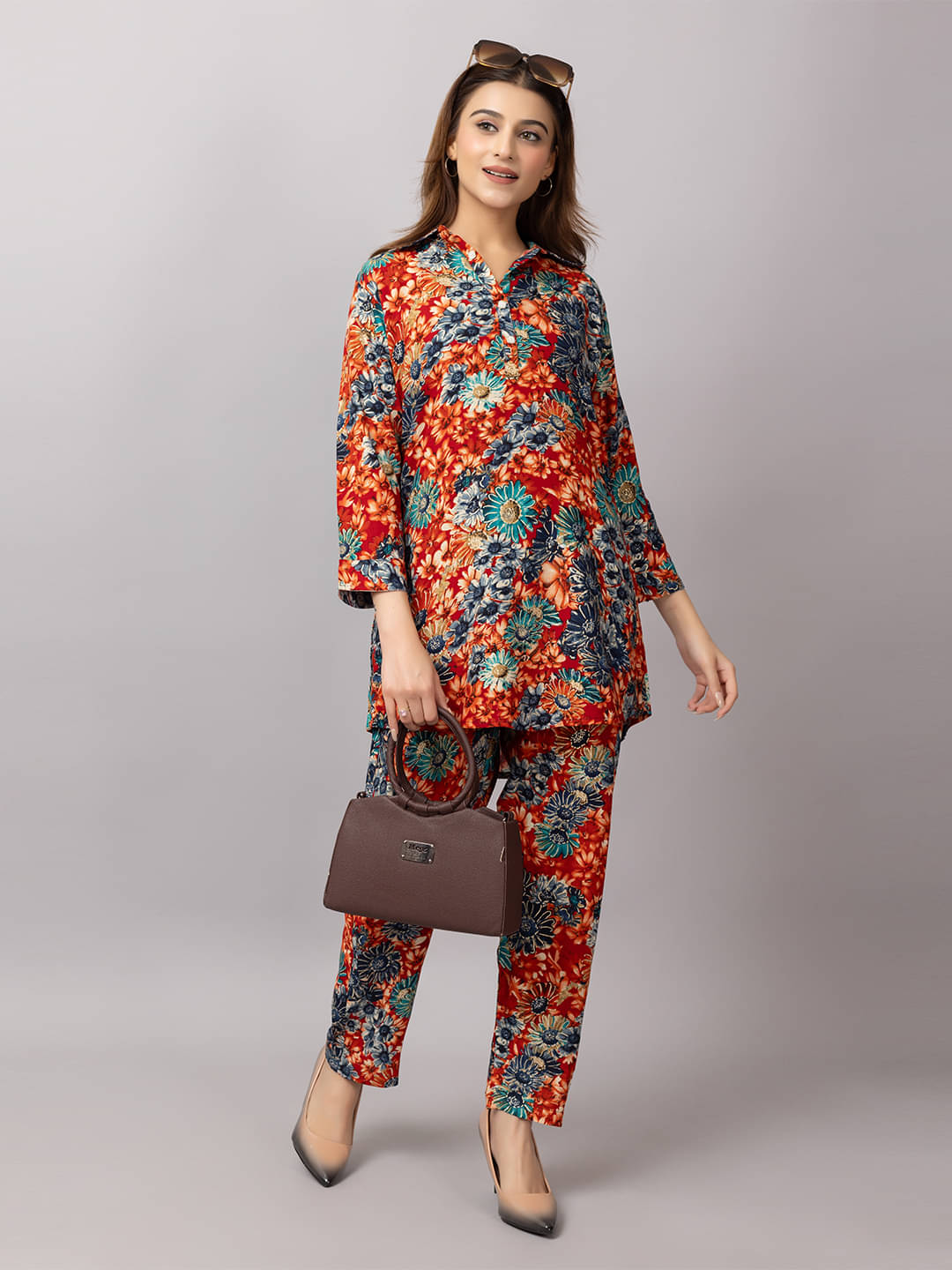     			Xenios Women Shirt With Palazzos Co-Ord Set ( Red )