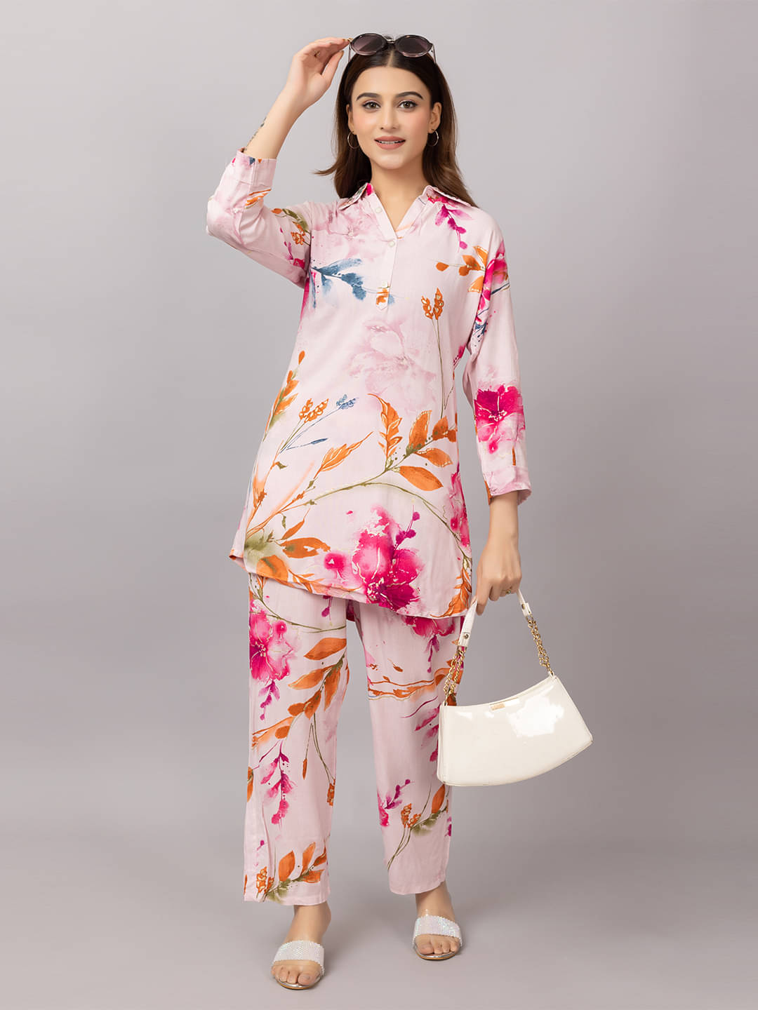     			Xenios Women Shirt With Palazzos Co-Ord Set ( Pink )