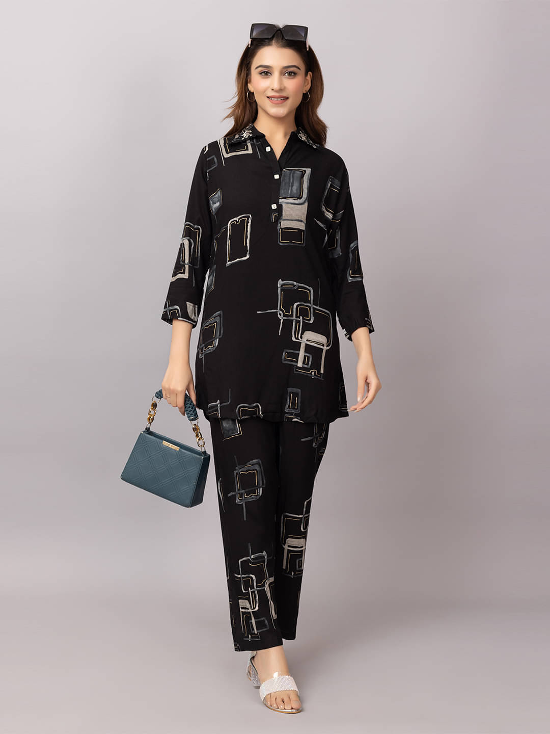    			Xenios Women Shirt With Palazzos Co-Ord Set ( Black )