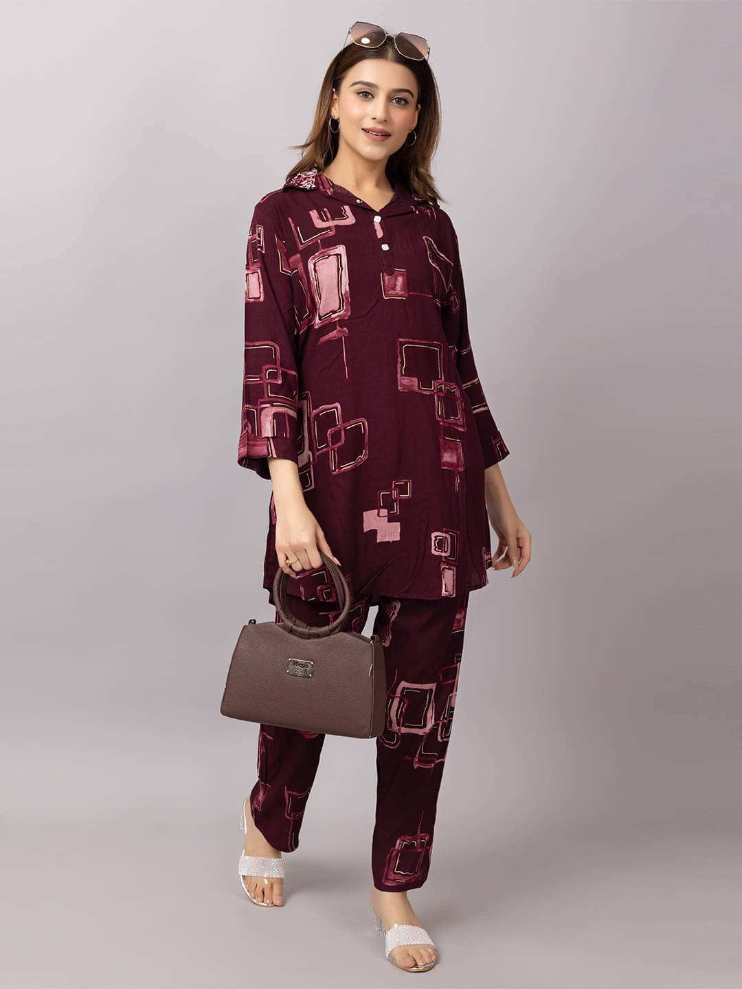     			Xenios Women Shirt With Palazzos Co-Ord Set ( Maroon )