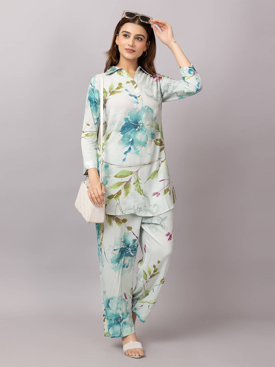     			Xenios Women Shirt With Palazzos Co-Ord Set ( Light Blue )
