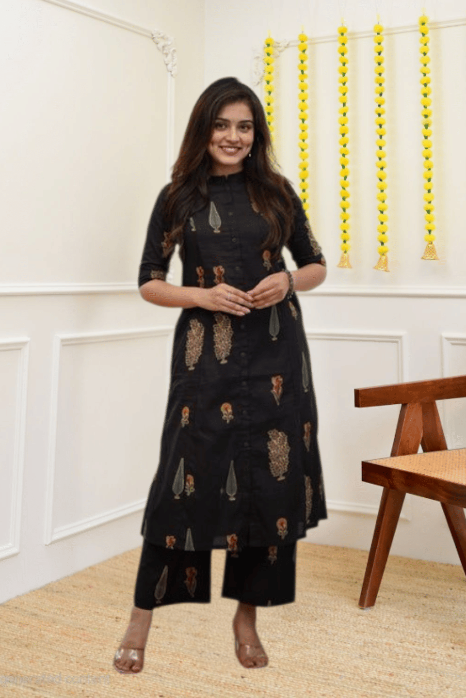 YAGNIK FASHION Women Rayon Self Design A-line Kurti With Pants ( Black )