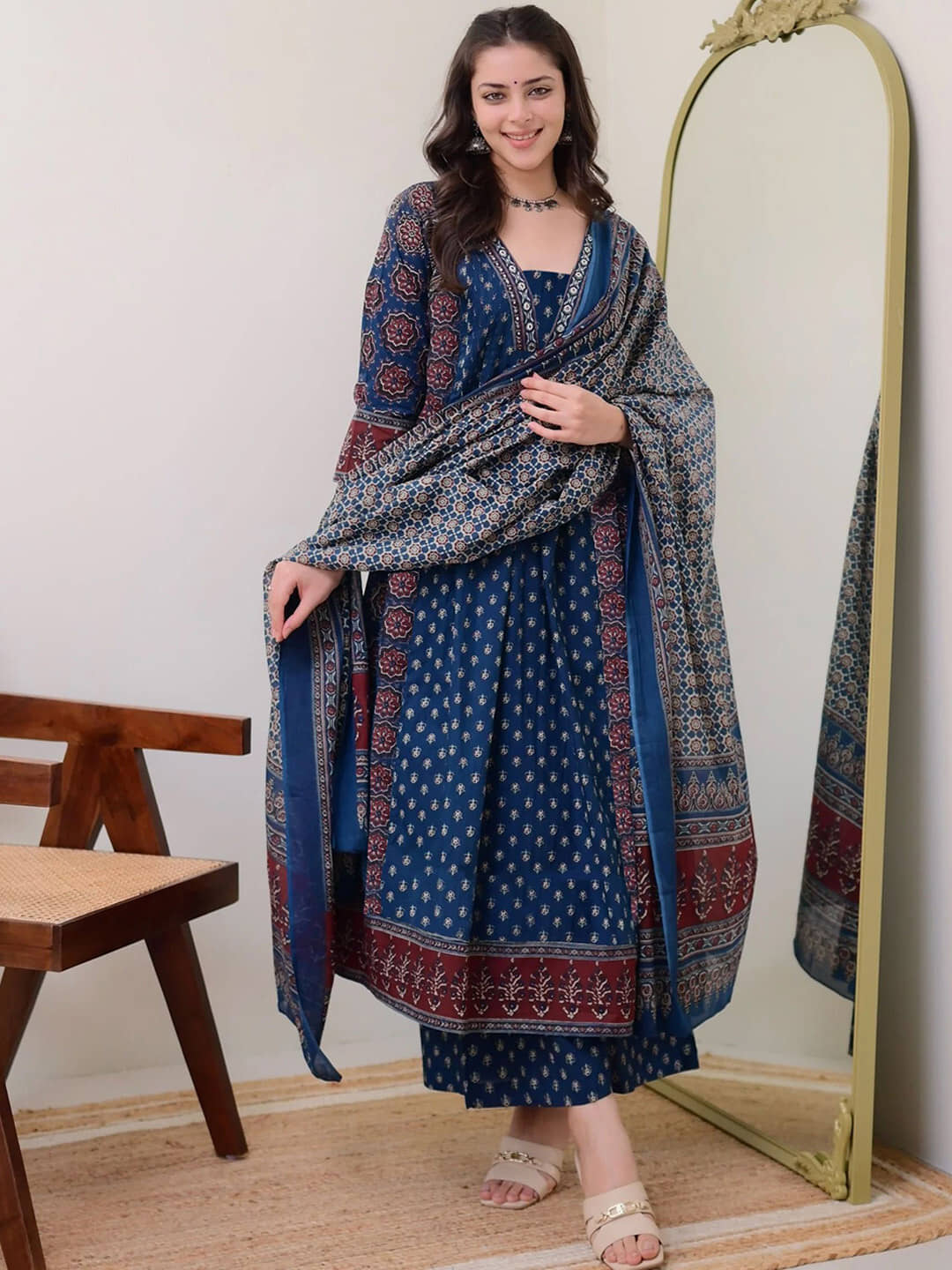 YAGNIK FASHION Women Rayon Self Design Anarkali Kurti With Pants ( Navy Blue )