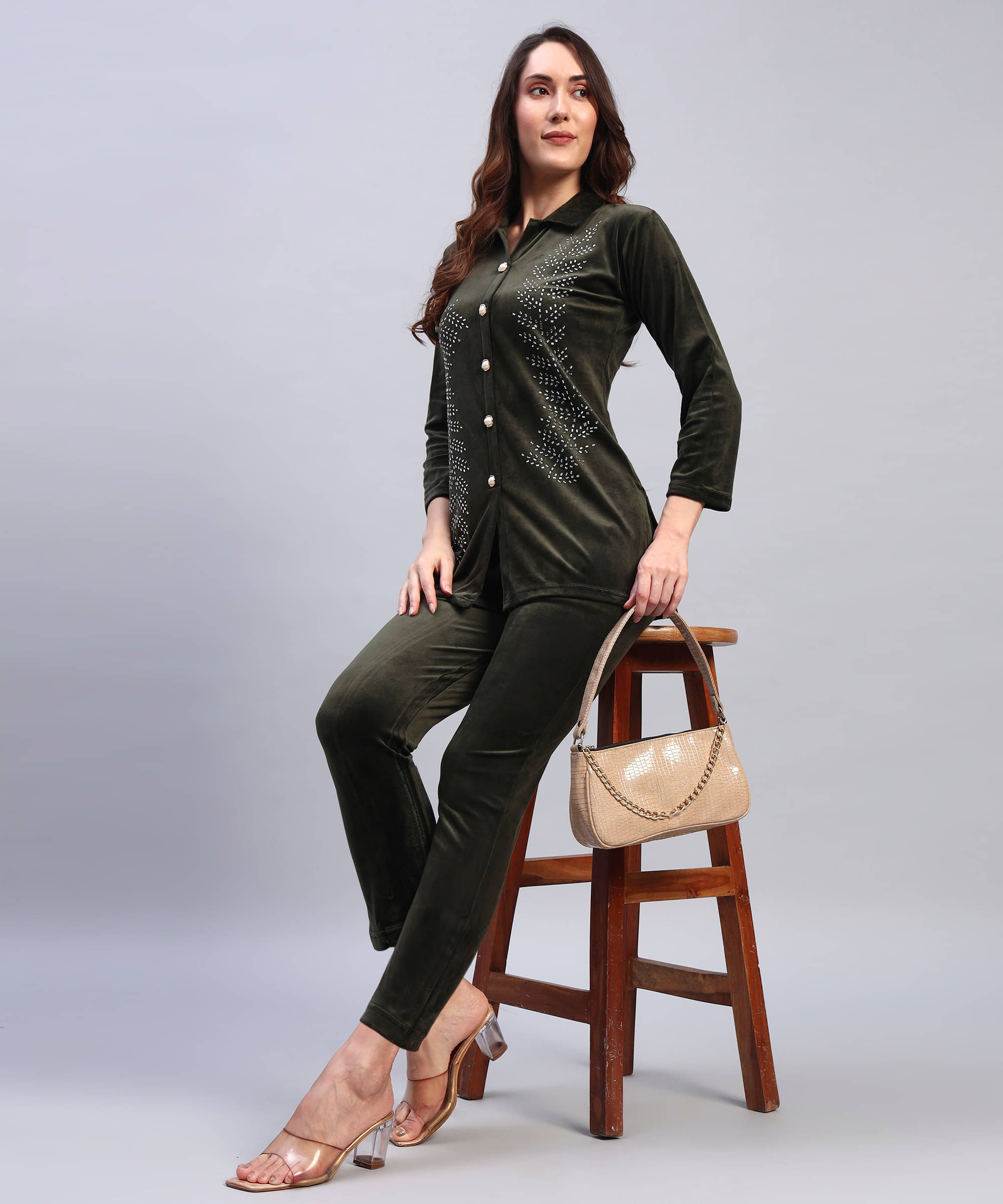     			ZEPPI Women Solid Shirt With Trousers Co-Ord Set ( Dark Grey )