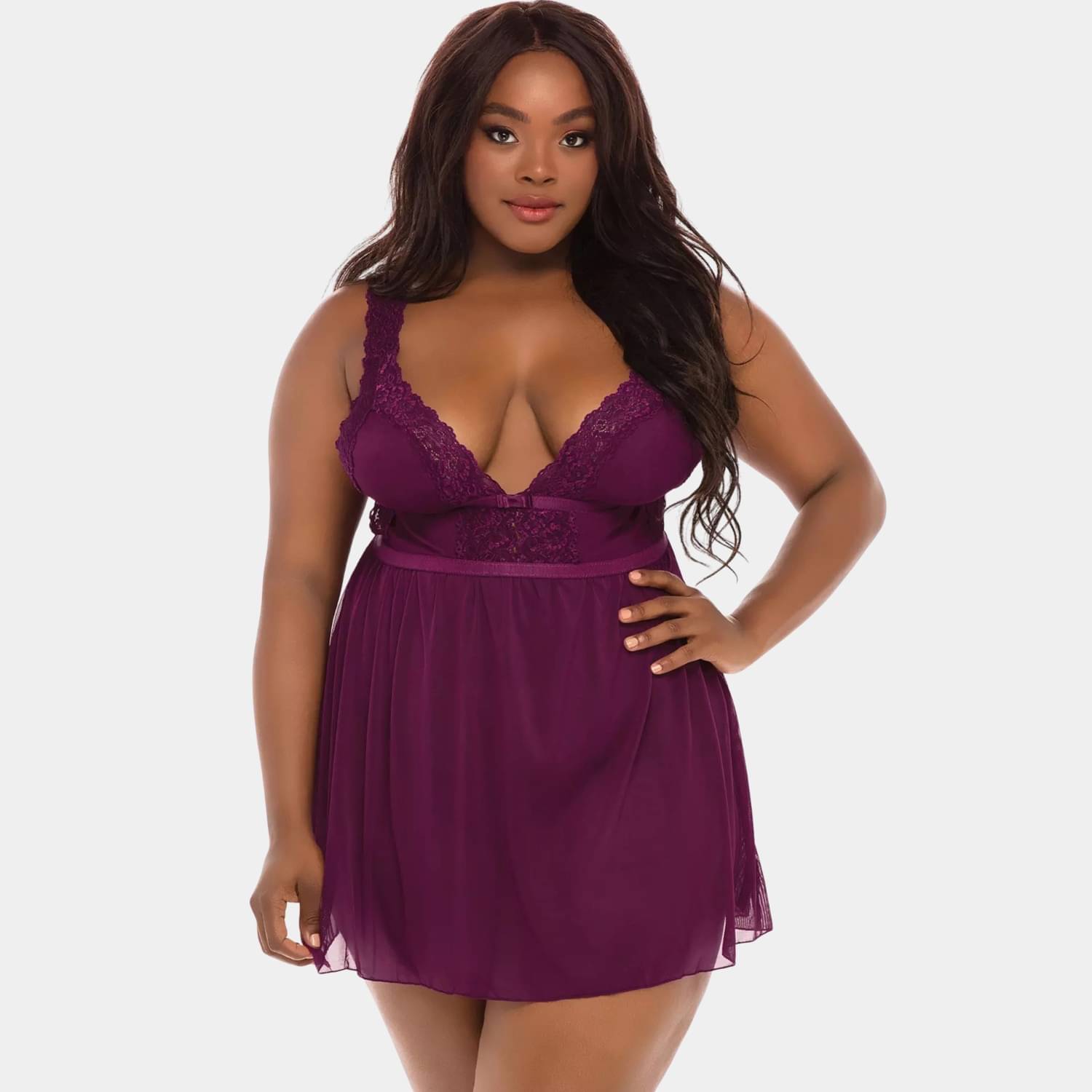     			Zerjama Burgundy Net Women Baby Doll Dress With Panty