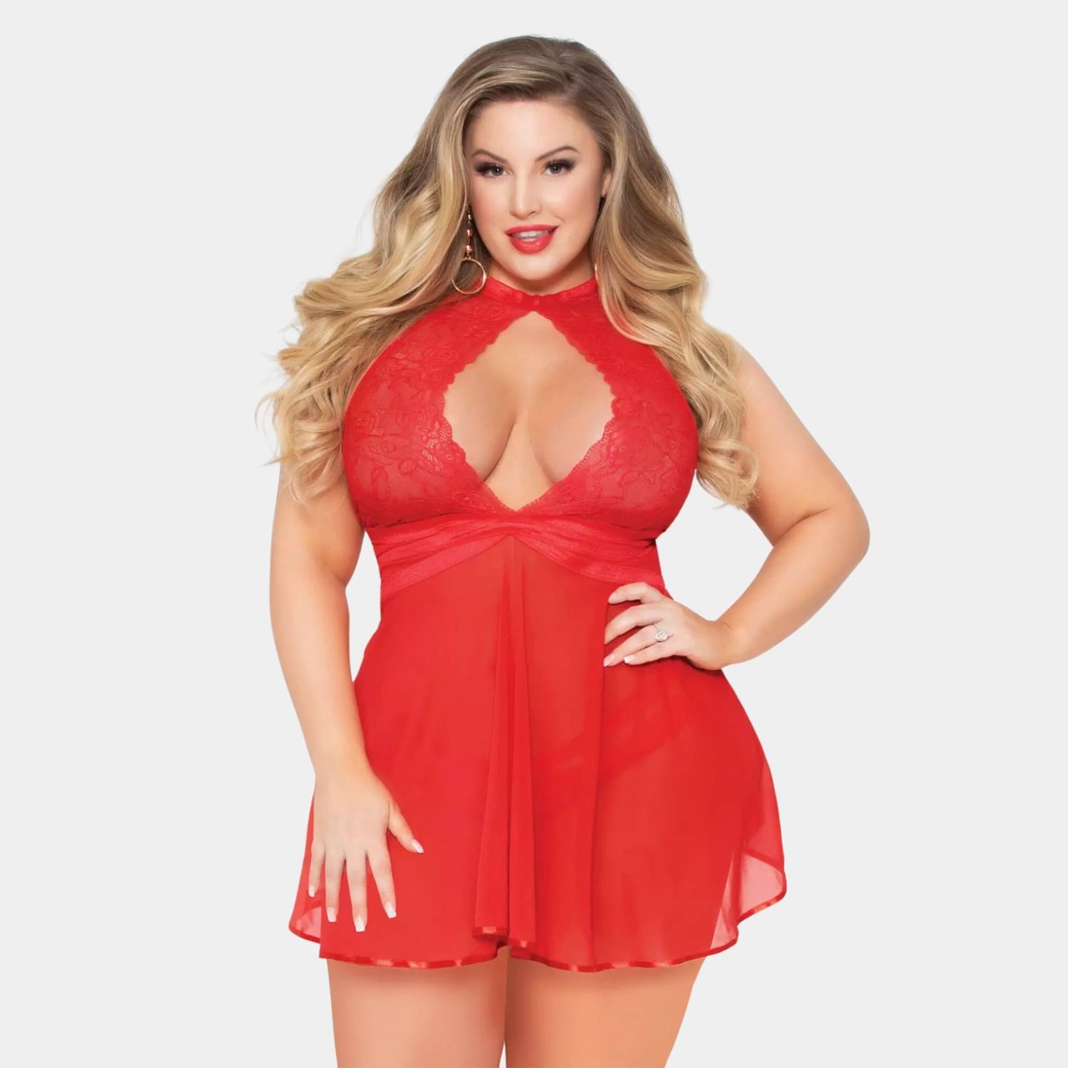     			Zerjama Red Net Women Baby Doll Dress With Panty