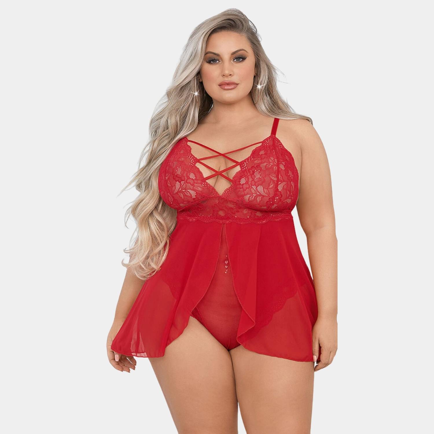     			Zerjama Red Net Women Baby Doll Dress With Panty