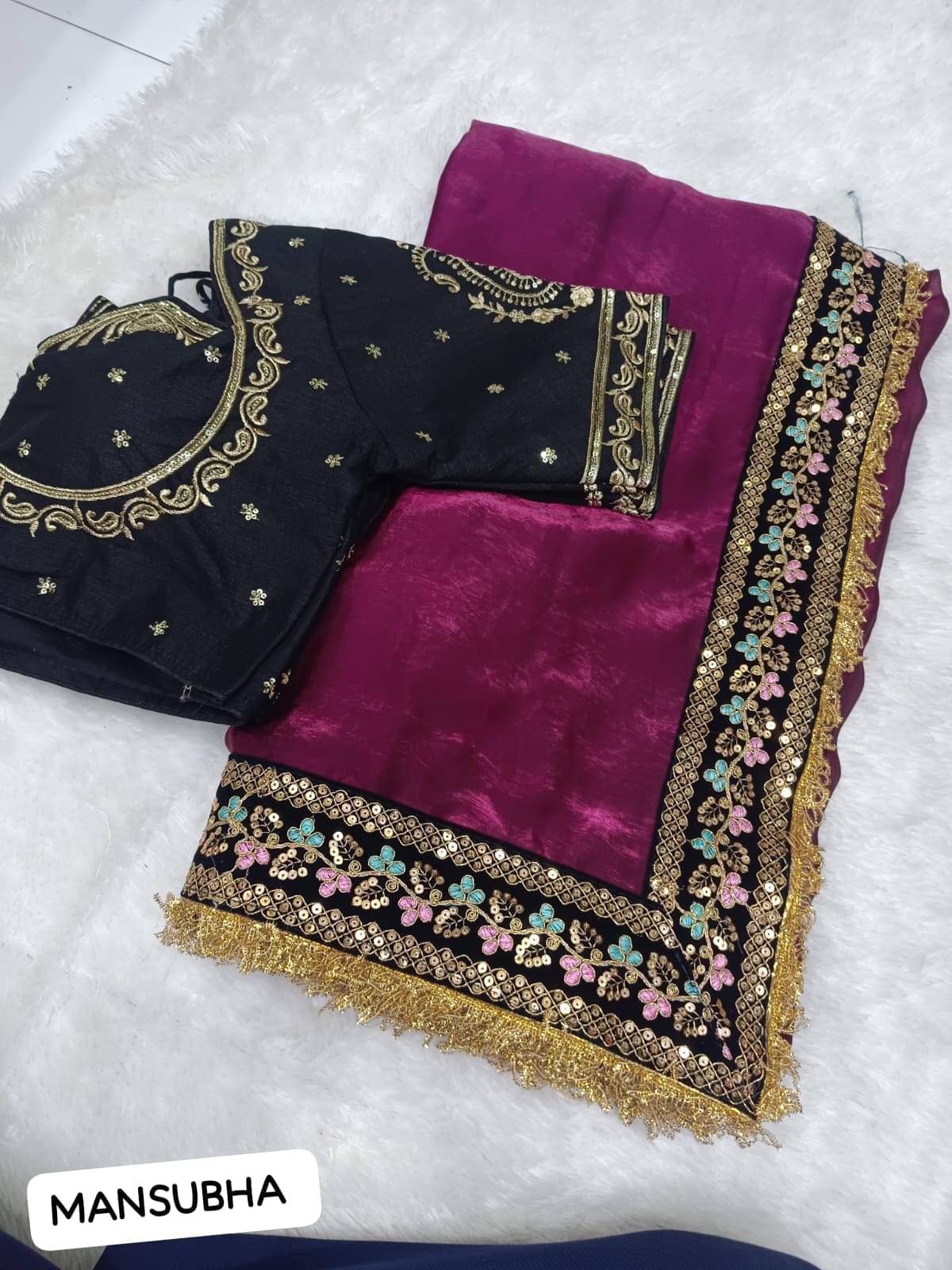 mansubha Silk Embellished Regular Saree With Stitched Blouse ( Wine ) mansubha Silk Embellished Regular Saree With Stitched Blouse ( Wine )
