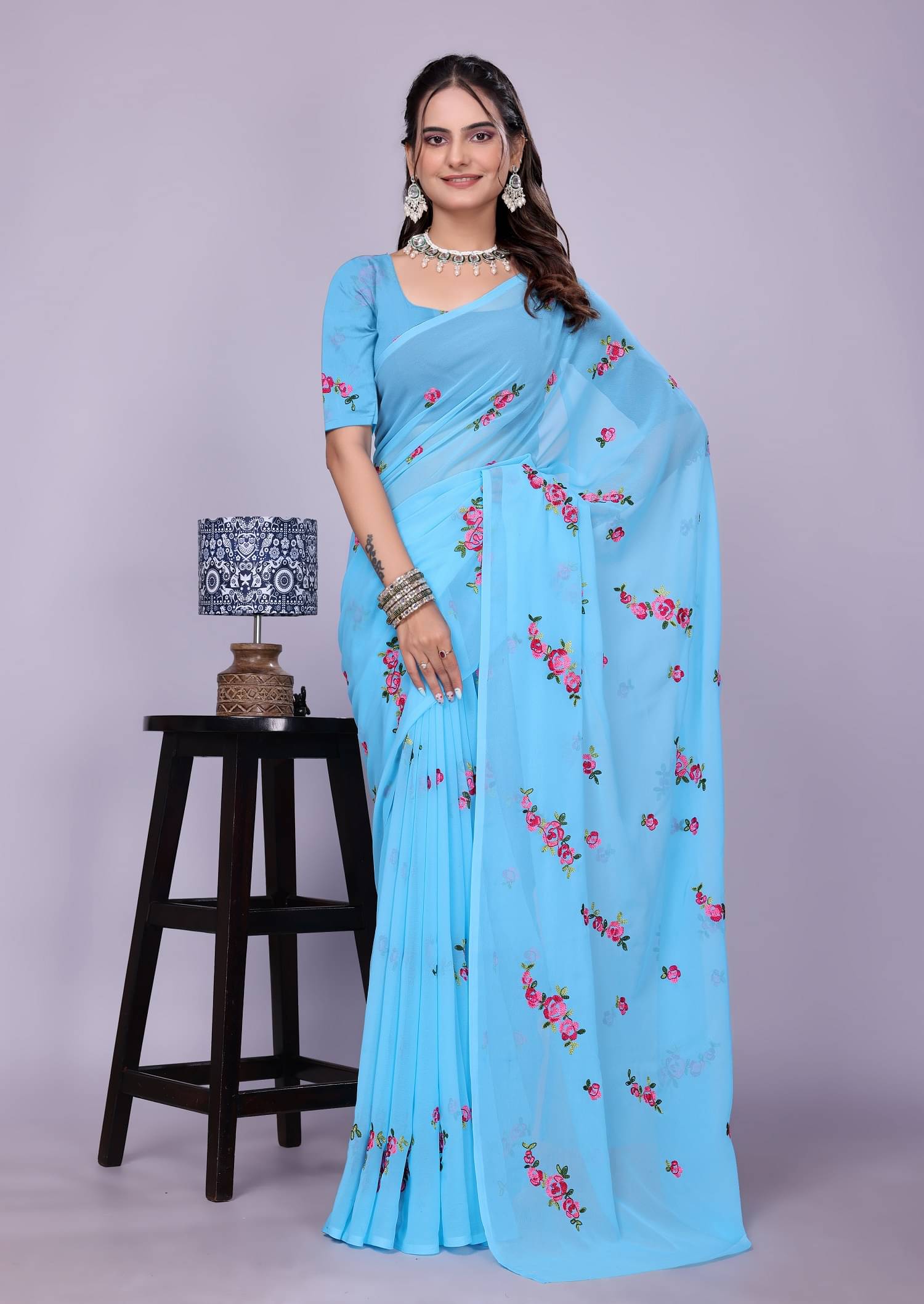     			A TO Z CART Georgette Embroidered Regular Saree With Unstitched Blouse Piece ( Sky Blue )