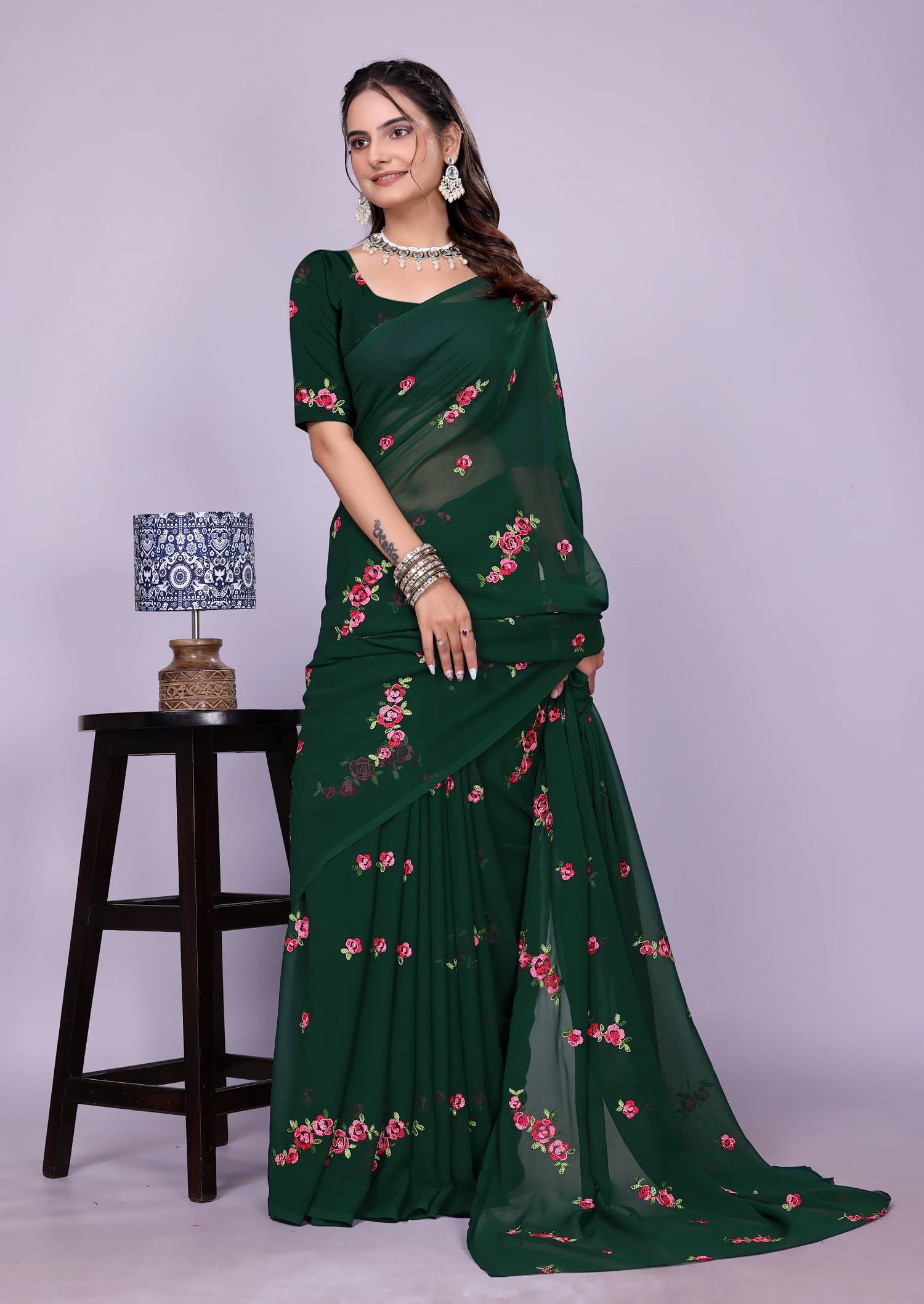     			A TO Z CART Georgette Embroidered Regular Saree With Unstitched Blouse Piece ( Green )